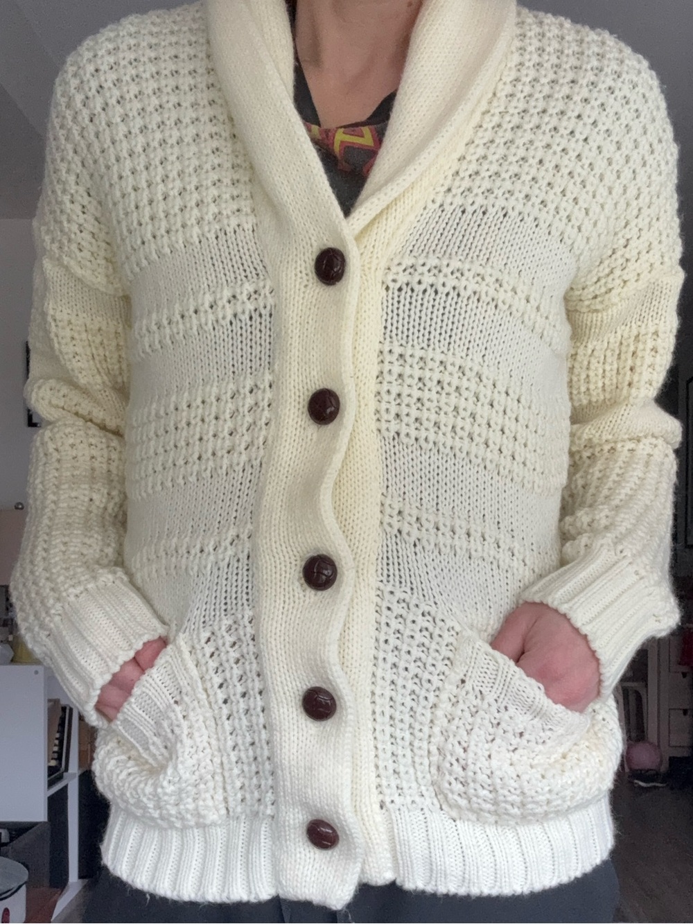 Vintage 70s 80s Chunky Knit Shawl Collar Cardigan Sweater Cream Ivory Pockets M